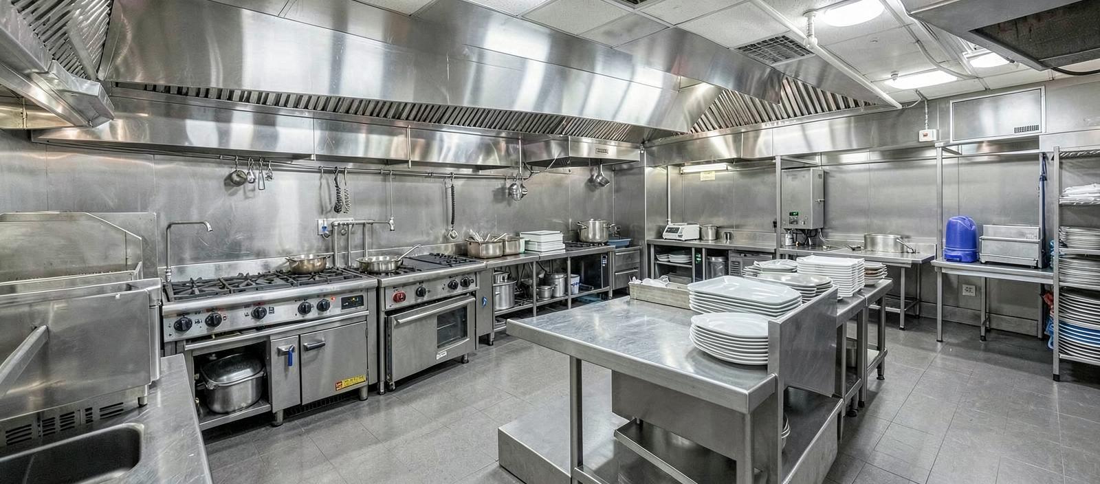Commercial restaurant kitchen with stainless steel cooking equipment and stacked dishware