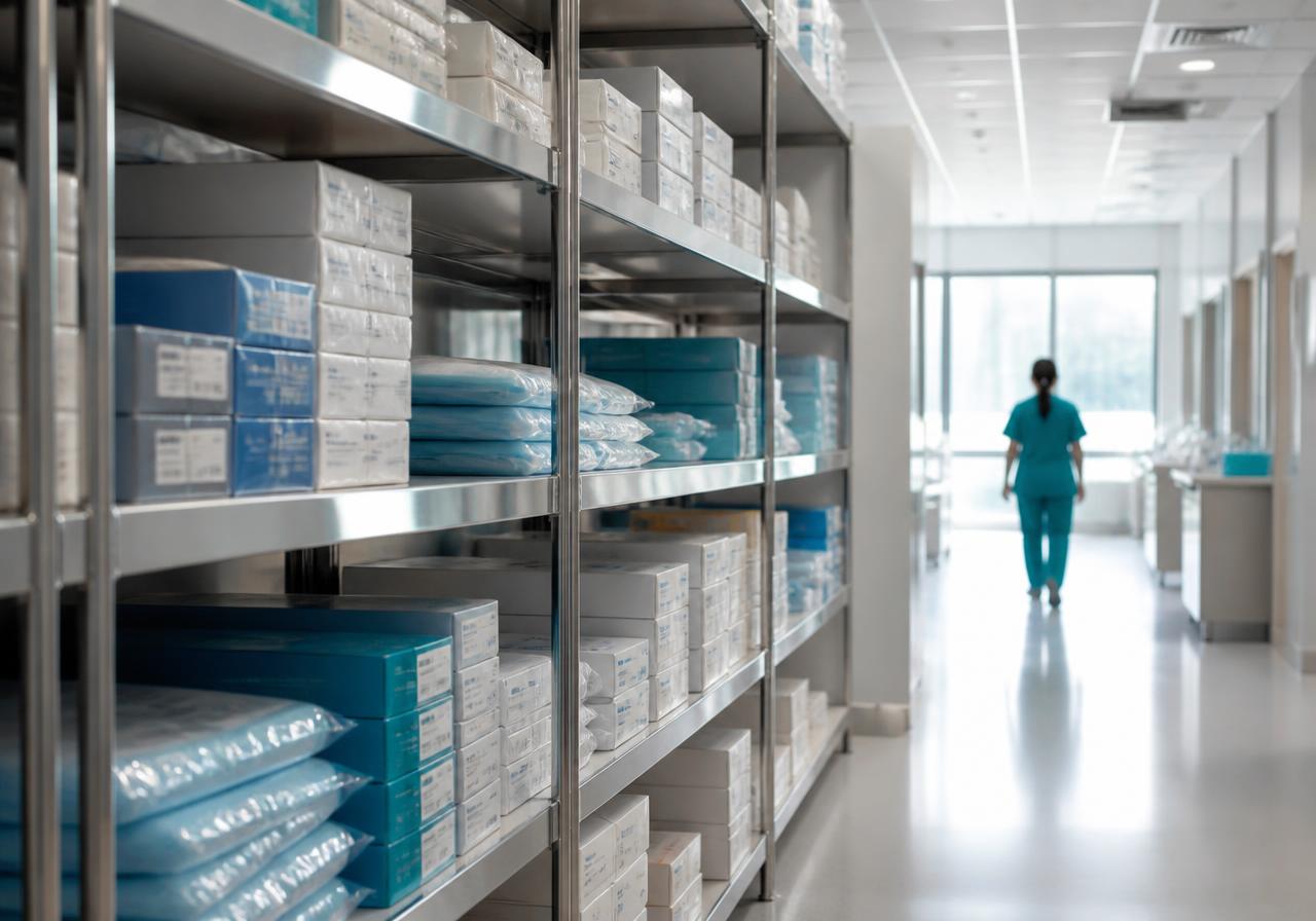 Medical-surgical supplies stocked on stainless steel shelving in a hospital supply corridor